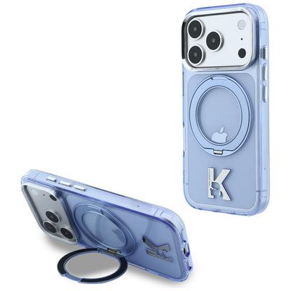 Husa MagSafe pentru Apple iPhone 18 Pro Max / 17 Pro Max, Karl Lagerfeld, IML Ring Stand Kameo Metal, Albastra