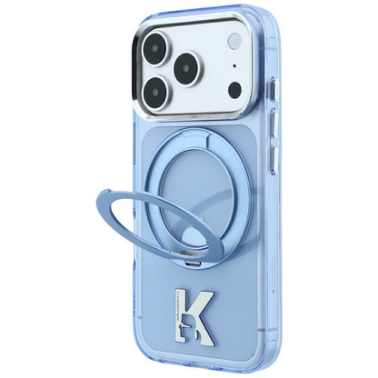 Husa MagSafe pentru Apple iPhone 18 Pro Max / 17 Pro Max, Karl Lagerfeld, IML Ring Stand Kameo Metal, Albastra