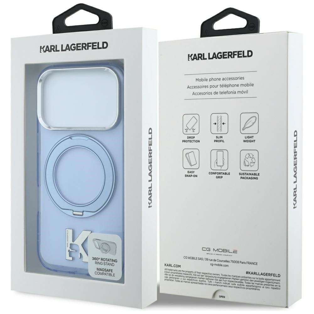 Husa MagSafe pentru Apple iPhone 18 Pro Max / 17 Pro Max, Karl Lagerfeld, IML Ring Stand Kameo Metal, Albastra