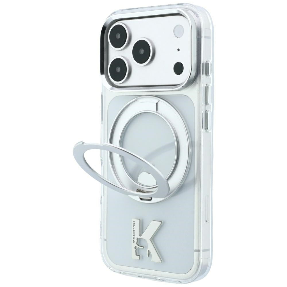 Husa MagSafe pentru Apple iPhone 18 Pro Max / 17 Pro Max, Karl Lagerfeld, IML Ring Stand Kameo Metal, Transparenta