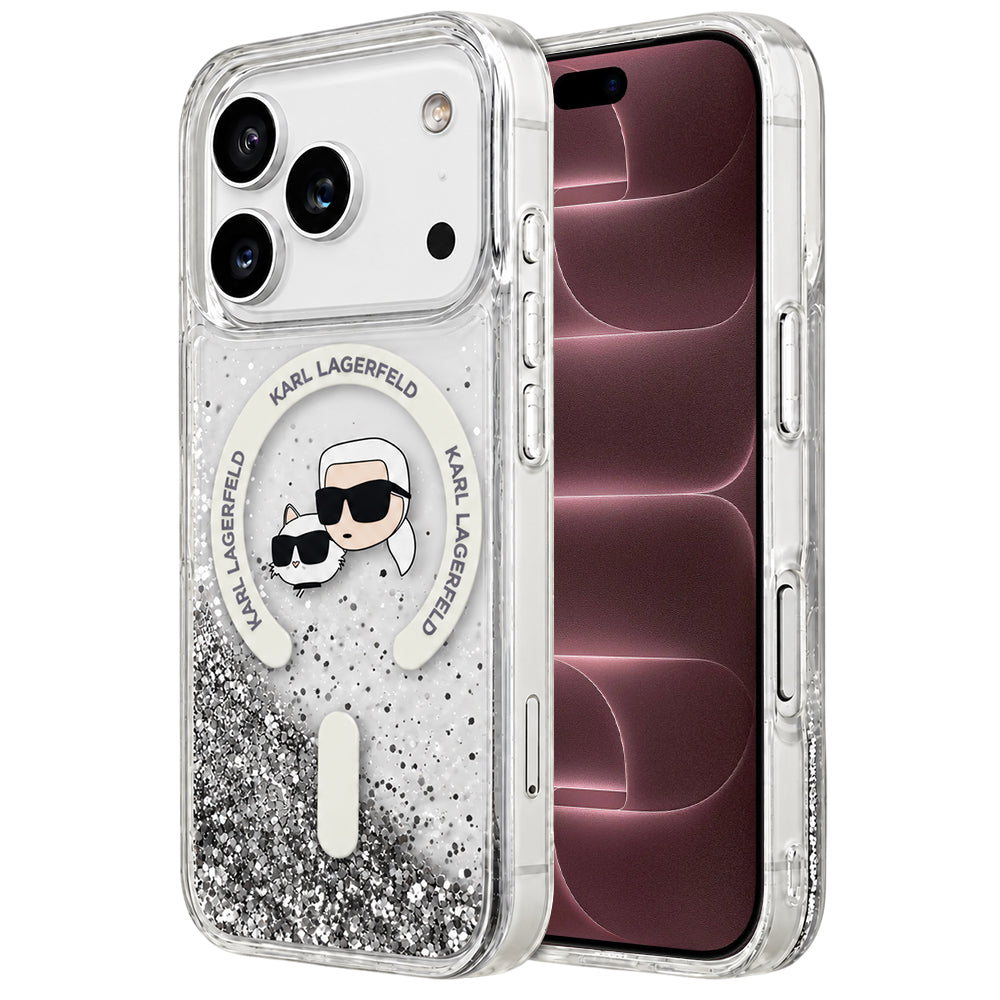 Husa MagSafe pentru Apple iPhone 18 Pro Max / 17 Pro Max, Karl Lagerfeld, Liquid Glitter Karl & Choupette Head's, Transparenta