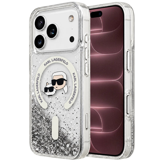Husa MagSafe pentru Apple iPhone 18 Pro Max / 17 Pro Max, Karl Lagerfeld, Liquid Glitter Karl & Choupette Head's, Transparenta
