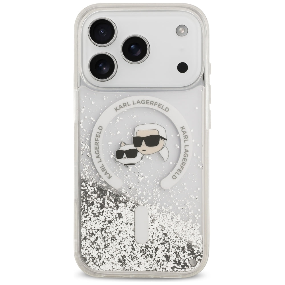 Husa MagSafe pentru Apple iPhone 18 Pro Max / 17 Pro Max, Karl Lagerfeld, Liquid Glitter Karl & Choupette Head's, Transparenta