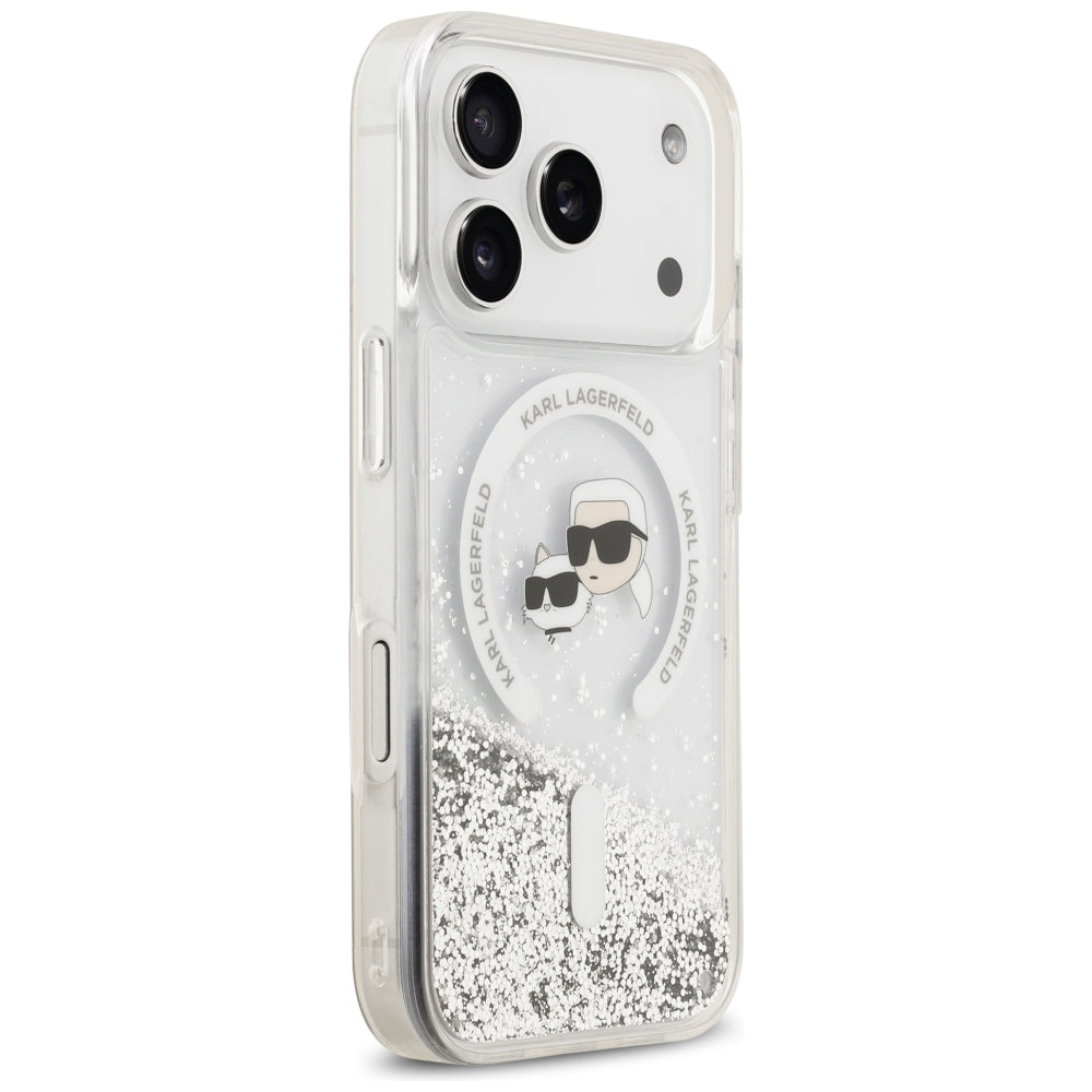 Husa MagSafe pentru Apple iPhone 18 Pro Max / 17 Pro Max, Karl Lagerfeld, Liquid Glitter Karl & Choupette Head's, Transparenta