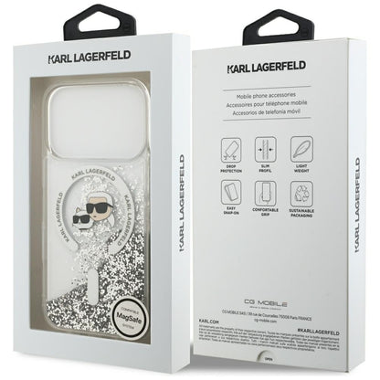 Husa MagSafe pentru Apple iPhone 18 Pro Max / 17 Pro Max, Karl Lagerfeld, Liquid Glitter Karl & Choupette Head's, Transparenta