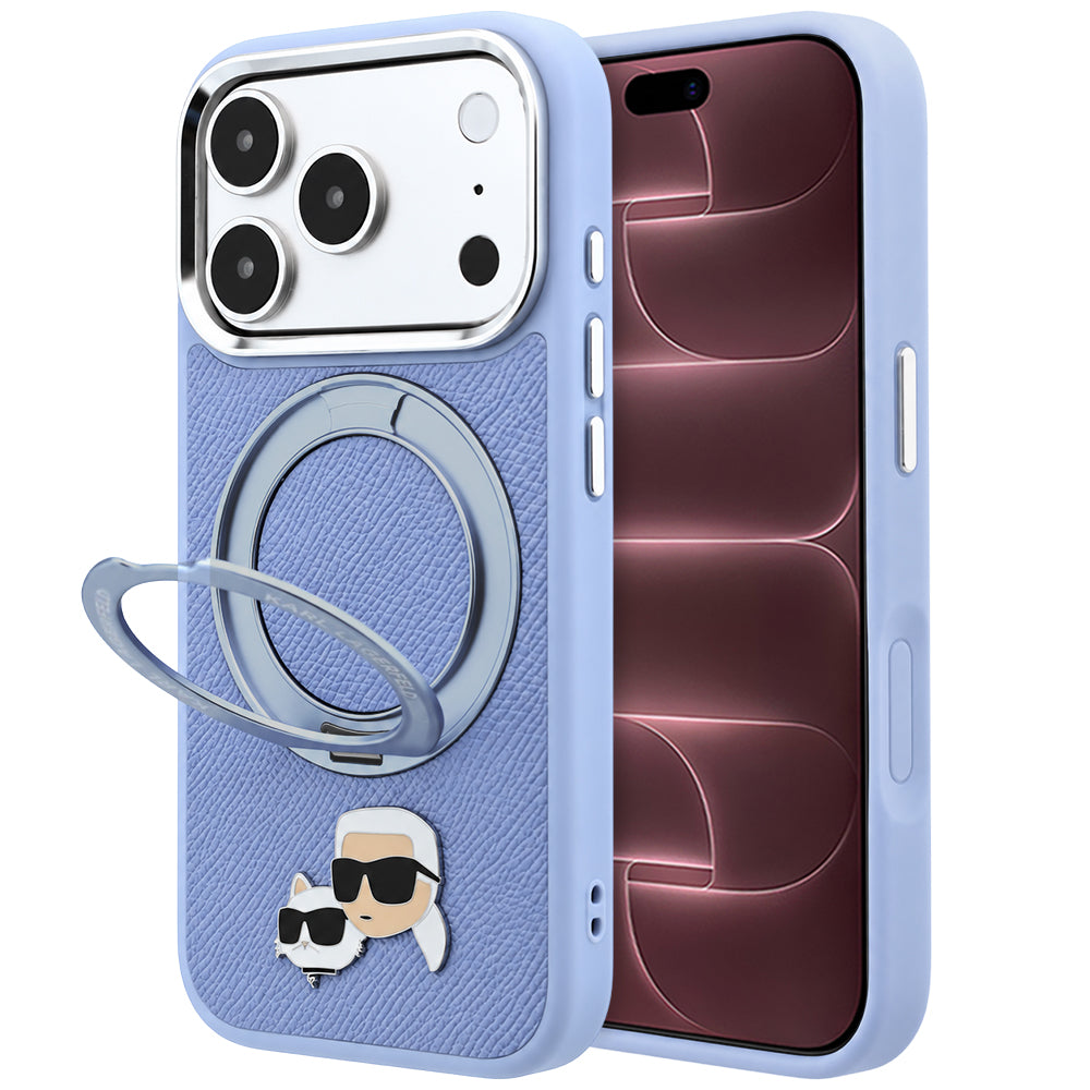 Husa MagSafe pentru Apple iPhone 18 Pro Max / 17 Pro Max, Karl Lagerfeld, Ring Stand 360 Karl & Choupette Pin, Bleu
