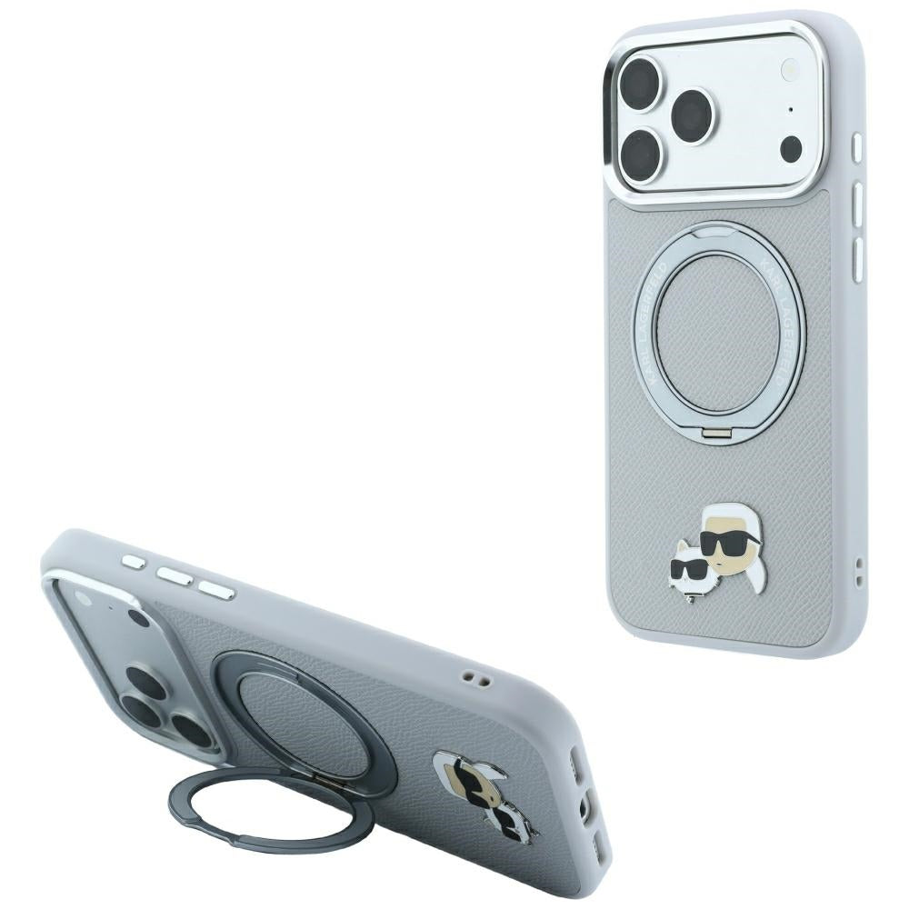 Husa MagSafe pentru Apple iPhone 18 Pro Max / 17 Pro Max, Karl Lagerfeld, Ring Stand 360 Karl & Choupette Pin, Gri