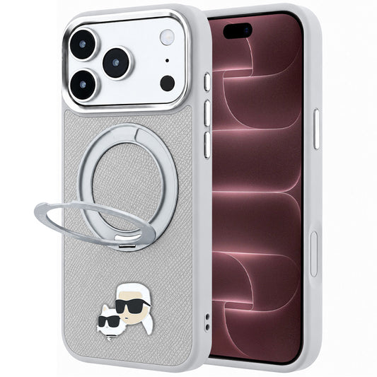 Husa MagSafe pentru Apple iPhone 18 Pro Max / 17 Pro Max, Karl Lagerfeld, Ring Stand 360 Karl & Choupette Pin, Gri