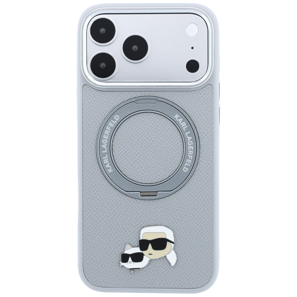 Husa MagSafe pentru Apple iPhone 18 Pro Max / 17 Pro Max, Karl Lagerfeld, Ring Stand 360 Karl & Choupette Pin, Gri