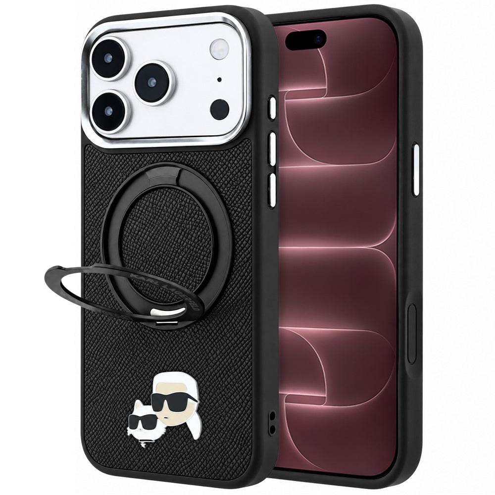 Husa MagSafe pentru Apple iPhone 18 Pro Max / 17 Pro Max, Karl Lagerfeld, Ring Stand 360 Karl & Choupette Pin, Neagra