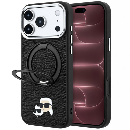 Husa MagSafe pentru Apple iPhone 18 Pro Max / 17 Pro Max, Karl Lagerfeld, Ring Stand 360 Karl & Choupette Pin, Neagra