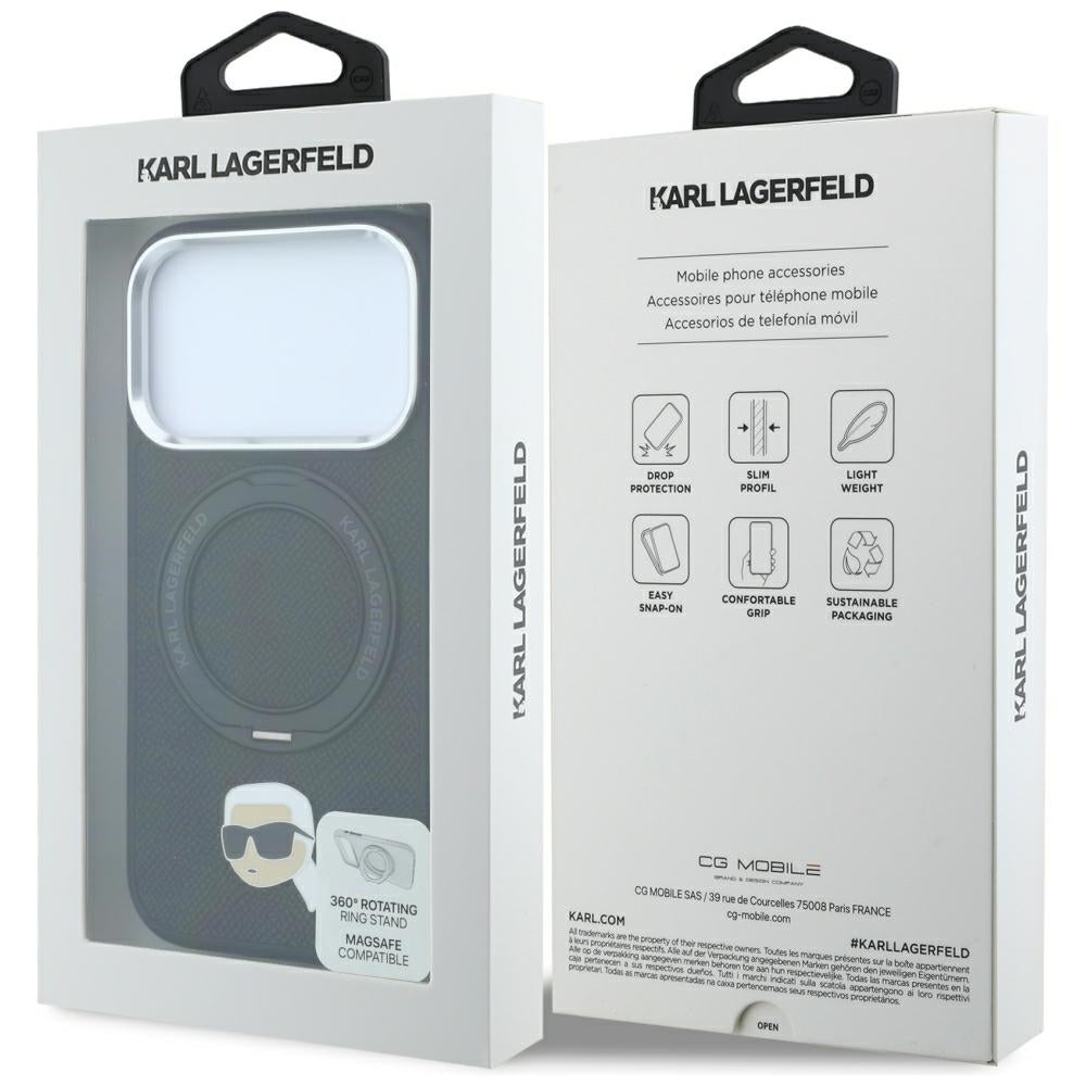Husa MagSafe pentru Apple iPhone 18 Pro Max / 17 Pro Max, Karl Lagerfeld, Ring Stand 360 Karl Pin, Neagra