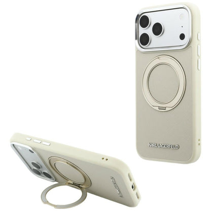 Husa MagSafe pentru Apple iPhone 18 Pro Max / 17 Pro Max, Karl Lagerfeld, Ring Stand 360 Saffiano, Bej