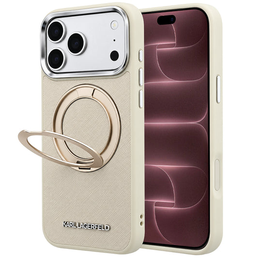 Husa MagSafe pentru Apple iPhone 18 Pro Max / 17 Pro Max, Karl Lagerfeld, Ring Stand 360 Saffiano, Bej