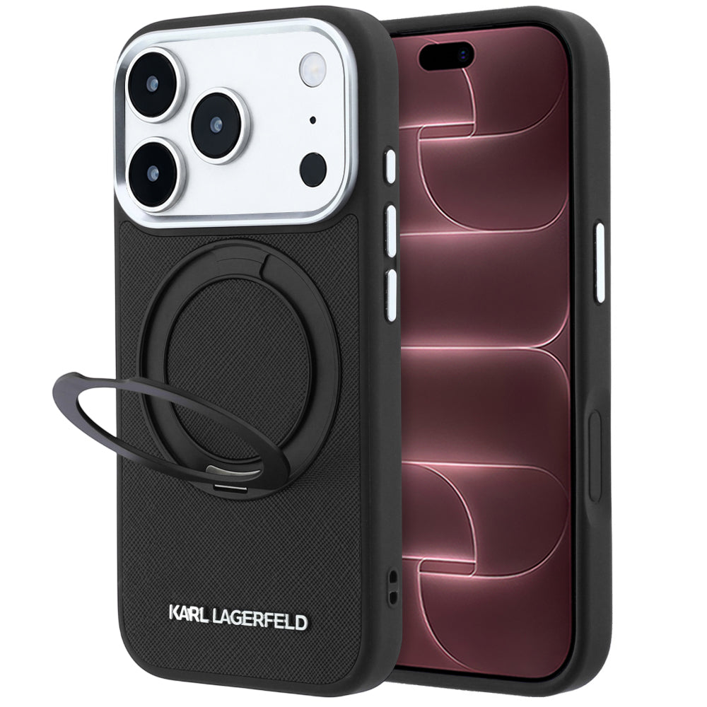 Husa MagSafe pentru Apple iPhone 18 Pro Max / 17 Pro Max, Karl Lagerfeld, Ring Stand 360 Saffiano, Neagra