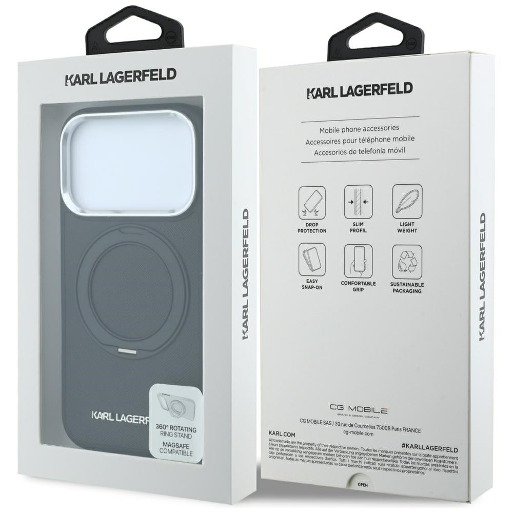 Husa MagSafe pentru Apple iPhone 18 Pro Max / 17 Pro Max, Karl Lagerfeld, Ring Stand 360 Saffiano, Neagra
