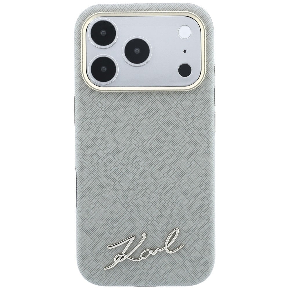 Husa MagSafe pentru Apple iPhone 18 Pro Max / 17 Pro Max, Karl Lagerfeld, Saffiano Small Script Metal Logo, Bej