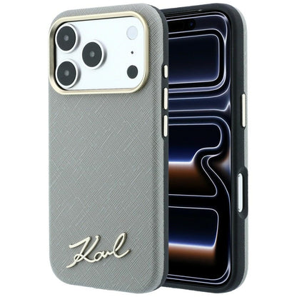 Husa MagSafe pentru Apple iPhone 18 Pro Max / 17 Pro Max, Karl Lagerfeld, Saffiano Small Script Metal Logo, Bej