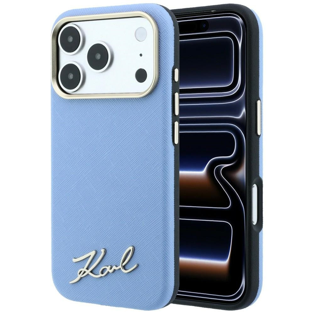 Husa MagSafe pentru Apple iPhone 18 Pro Max / 17 Pro Max, Karl Lagerfeld, Saffiano Small Script Metal Logo, Bleu
