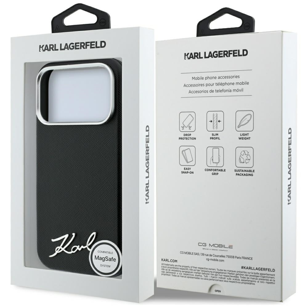 Husa MagSafe pentru Apple iPhone 18 Pro Max / 17 Pro Max, Karl Lagerfeld, Saffiano Small Script Metal Logo, Neagra