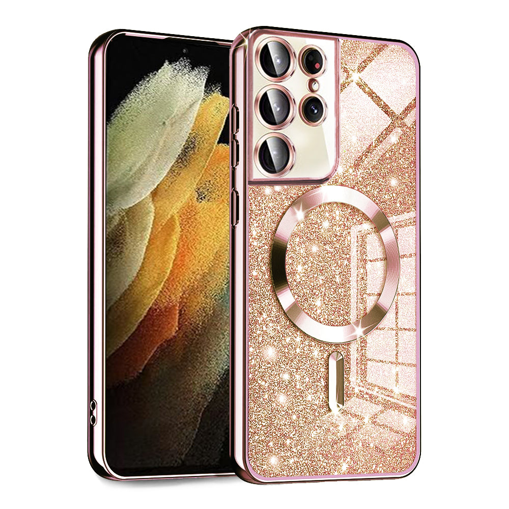 Husa MagSafe pentru Samsung Galaxy S21 Ultra 5G G998, Techsuit, Luxury Glitter, Roz Aurie