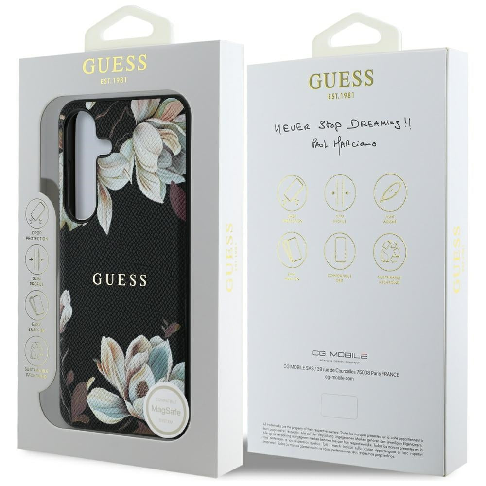 Husa MagSafe pentru Samsung Galaxy S25 S931, Guess, Grained Flowers, Neagra