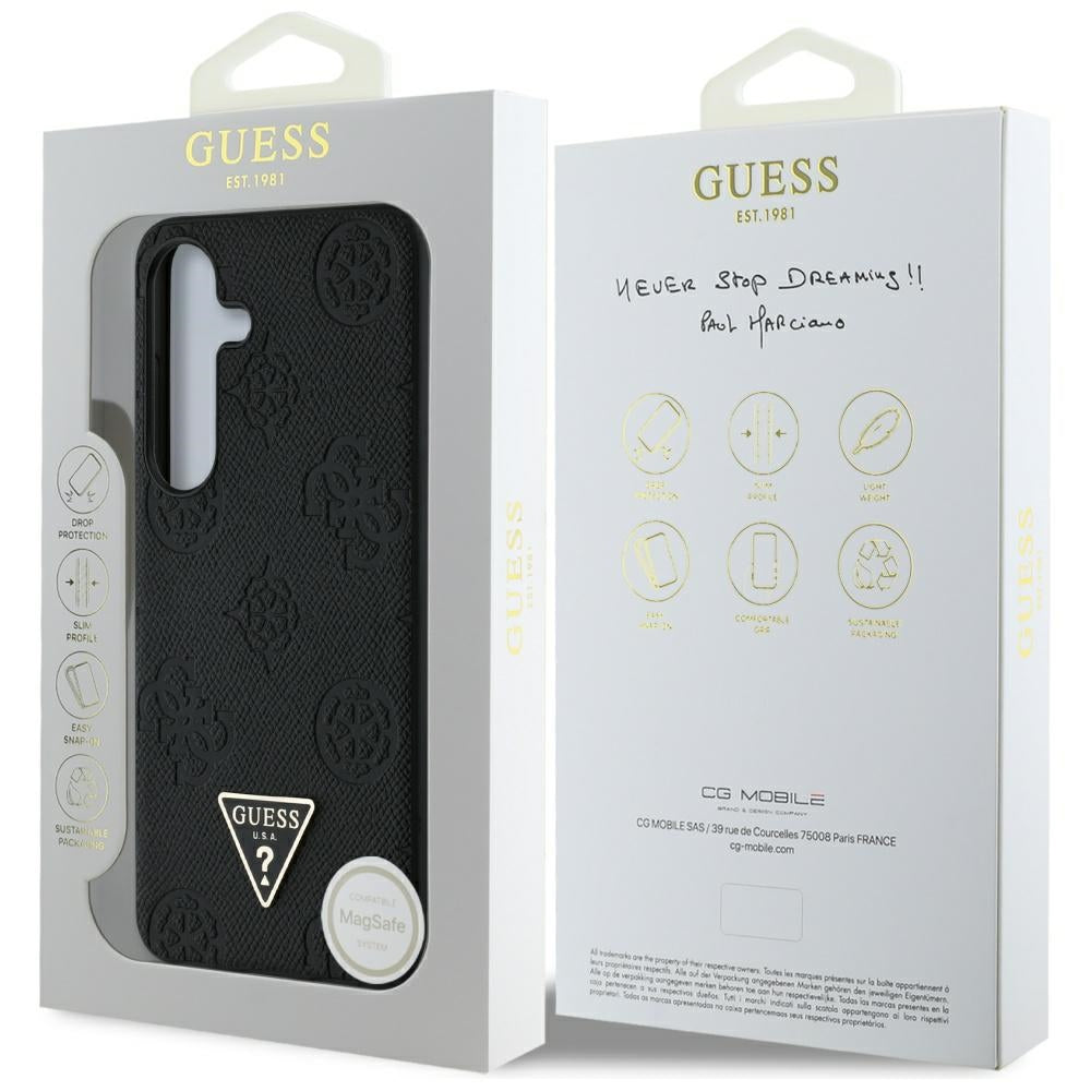 Husa MagSafe pentru Samsung Galaxy S25 S931, Guess, Peony Grained Hot Stamp Triangle , Neagra