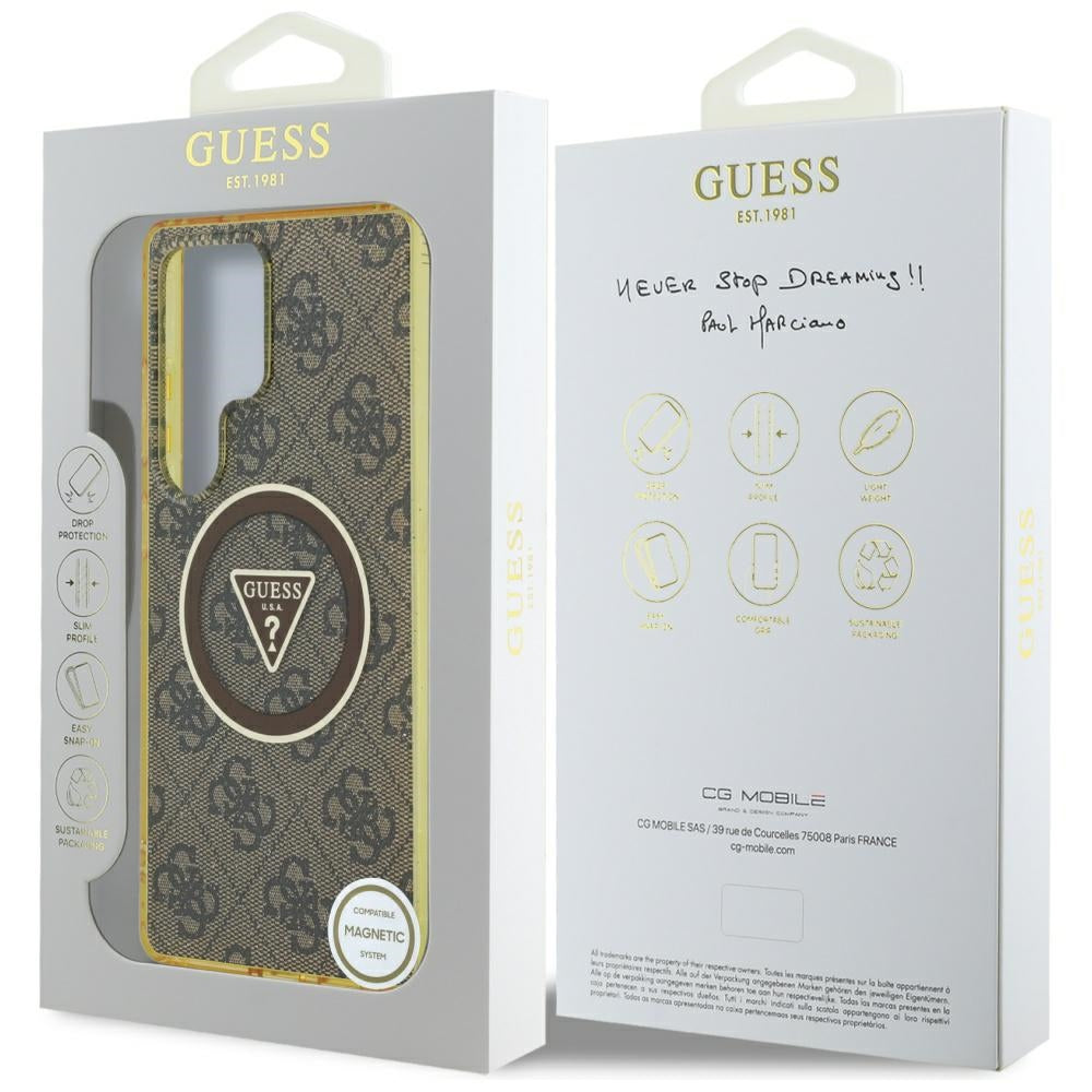 Husa MagSafe pentru Samsung Galaxy S25 Ultra S938, Guess, IML Glitter 4G Circle Triangle, Maro