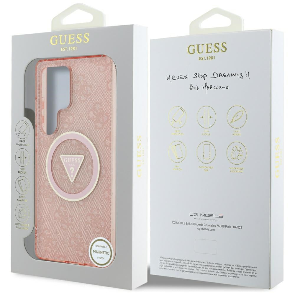 Husa MagSafe pentru Samsung Galaxy S25 Ultra S938, Guess, IML Glitter 4G Circle Triangle, Roz