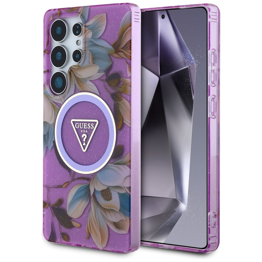 Husa MagSafe pentru Samsung Galaxy S25 Ultra S938, Guess, IML Metal Glitter Flowers Triangle, Mov
