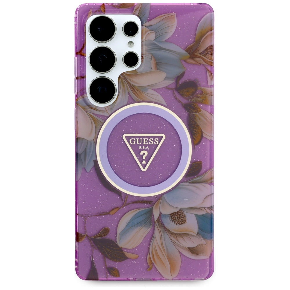 Husa MagSafe pentru Samsung Galaxy S25 Ultra S938, Guess, IML Metal Glitter Flowers Triangle, Mov