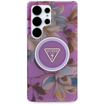 Husa MagSafe pentru Samsung Galaxy S25 Ultra S938, Guess, IML Metal Glitter Flowers Triangle, Mov