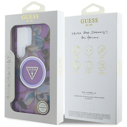 Husa MagSafe pentru Samsung Galaxy S25 Ultra S938, Guess, IML Metal Glitter Flowers Triangle, Mov