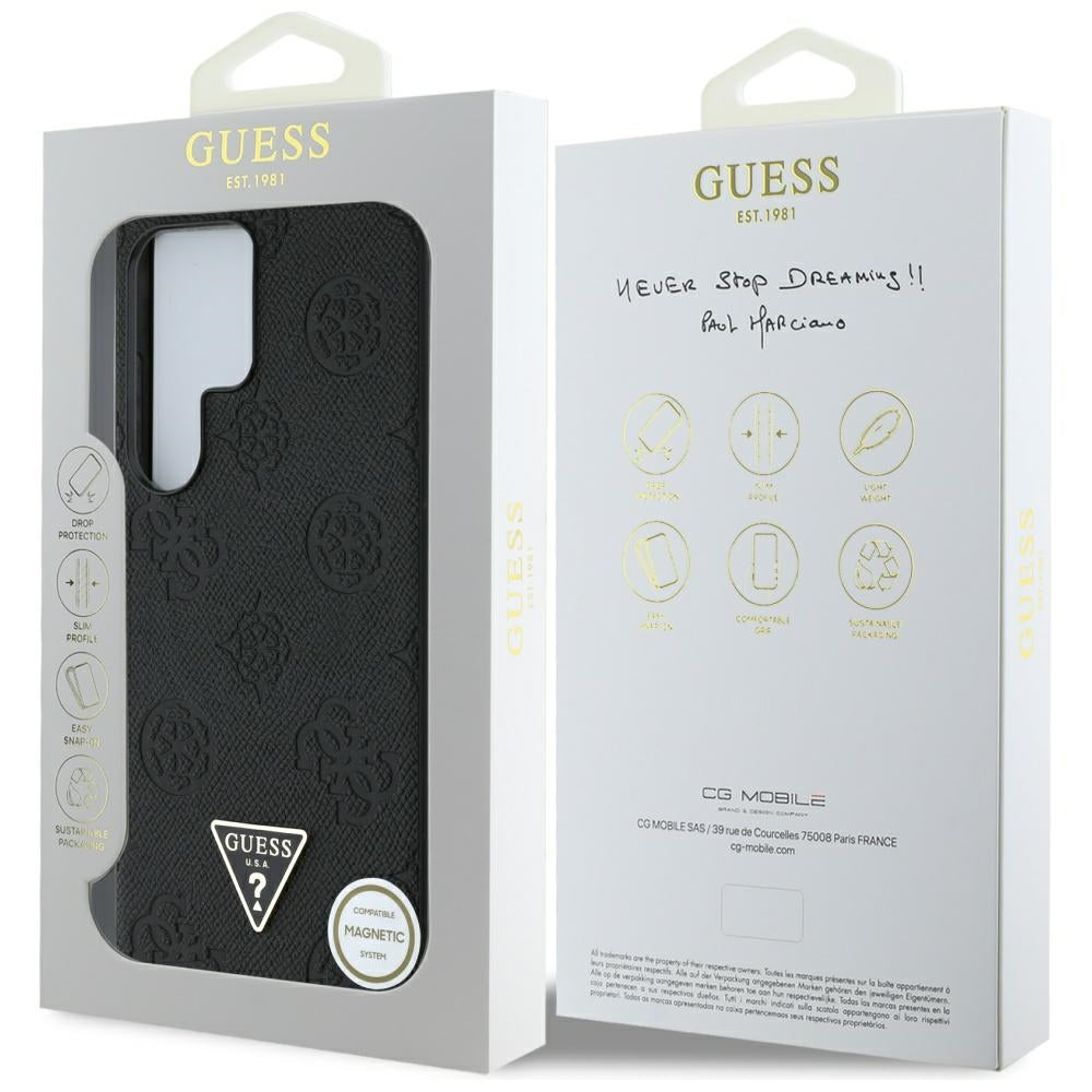 Husa MagSafe pentru Samsung Galaxy S25 Ultra S938, Guess, Peony Grained Hot Stamp Triangle, Neagra