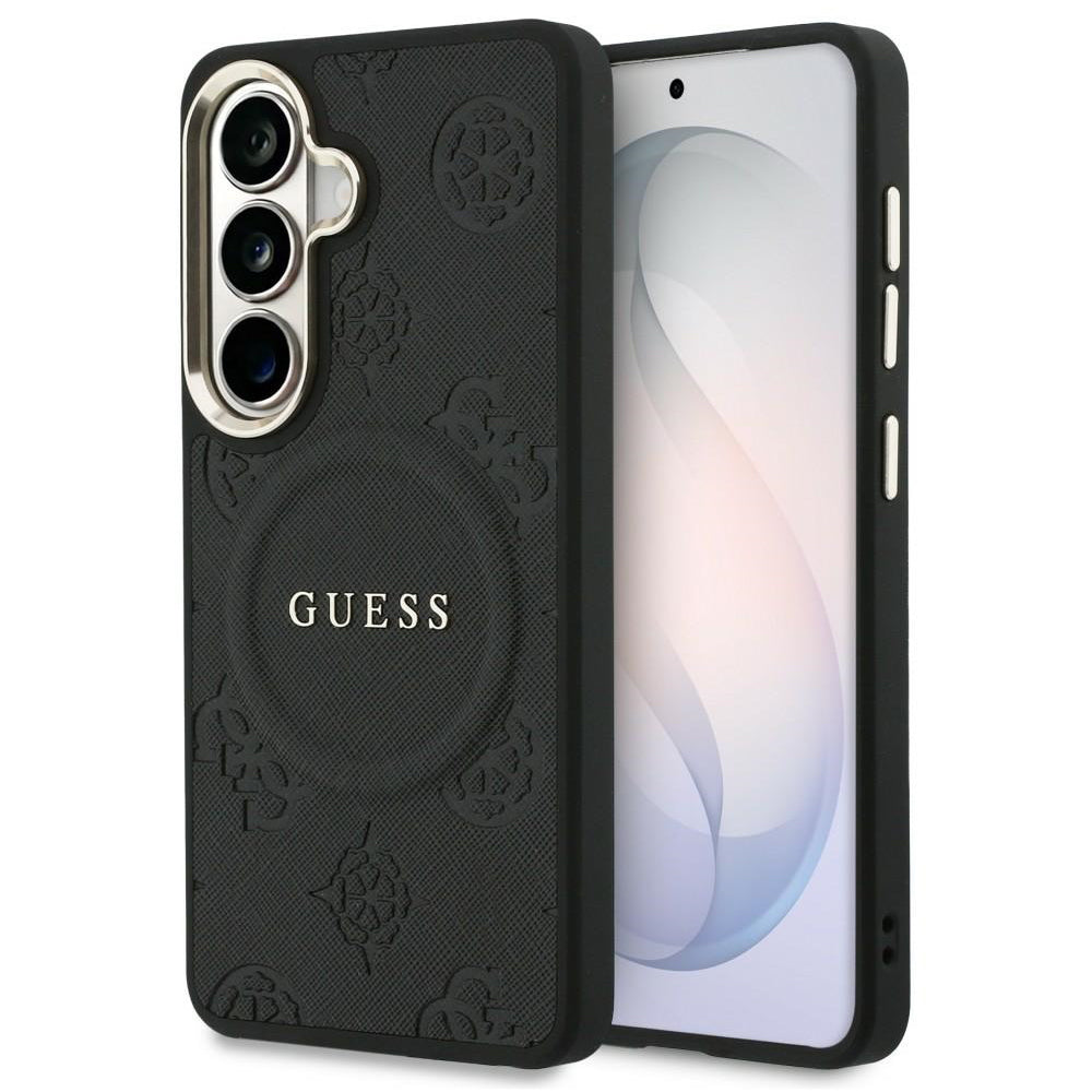Husa MagSafe pentru Samsung Galaxy S26 S942, Guess, Saffiano Peony Embossed Ring, Neagra