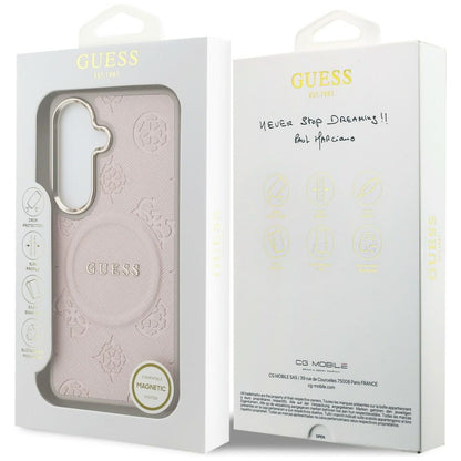 Husa MagSafe pentru Samsung Galaxy S26 S942, Guess, Saffiano Peony Embossed Ring, Roz