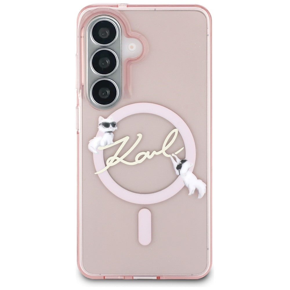 Husa MagSafe pentru Samsung Galaxy S26 S942, Karl Lagerfeld, IML Choupette Karl Script Logo, Roz