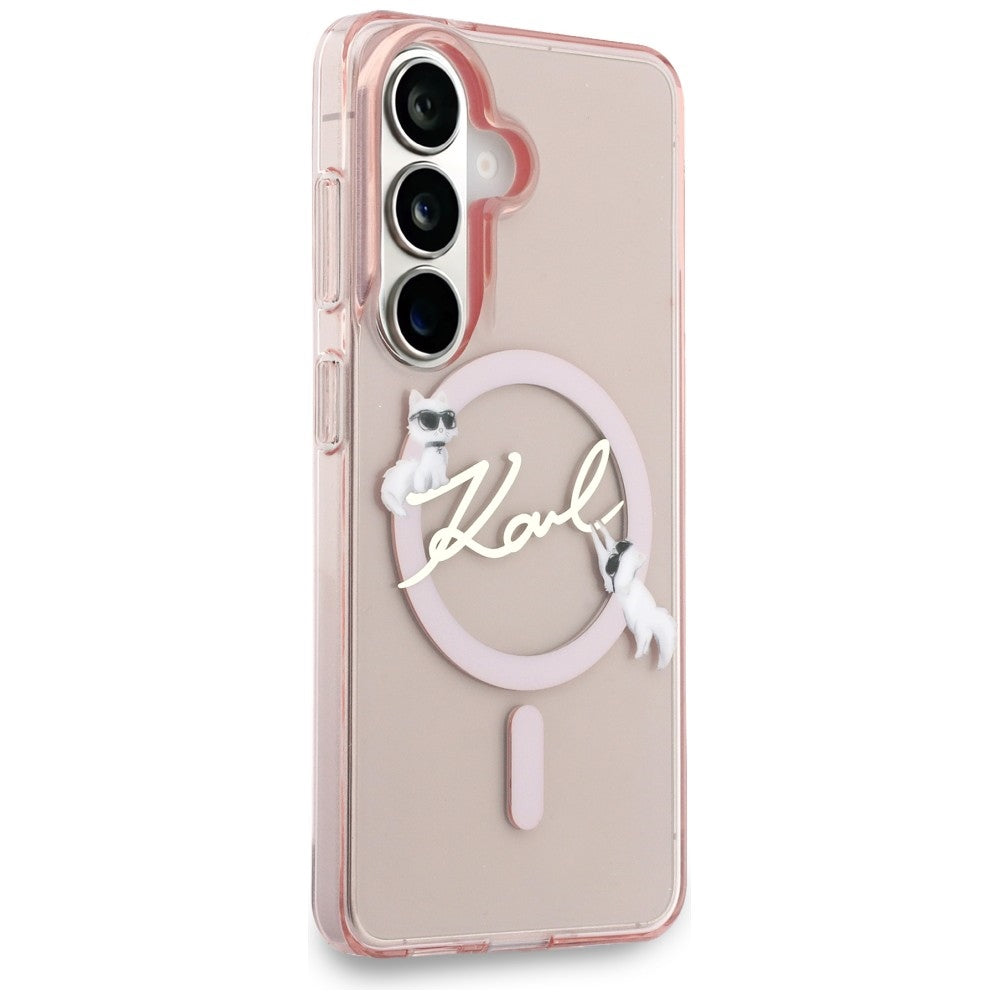 Husa MagSafe pentru Samsung Galaxy S26 S942, Karl Lagerfeld, IML Choupette Karl Script Logo, Roz