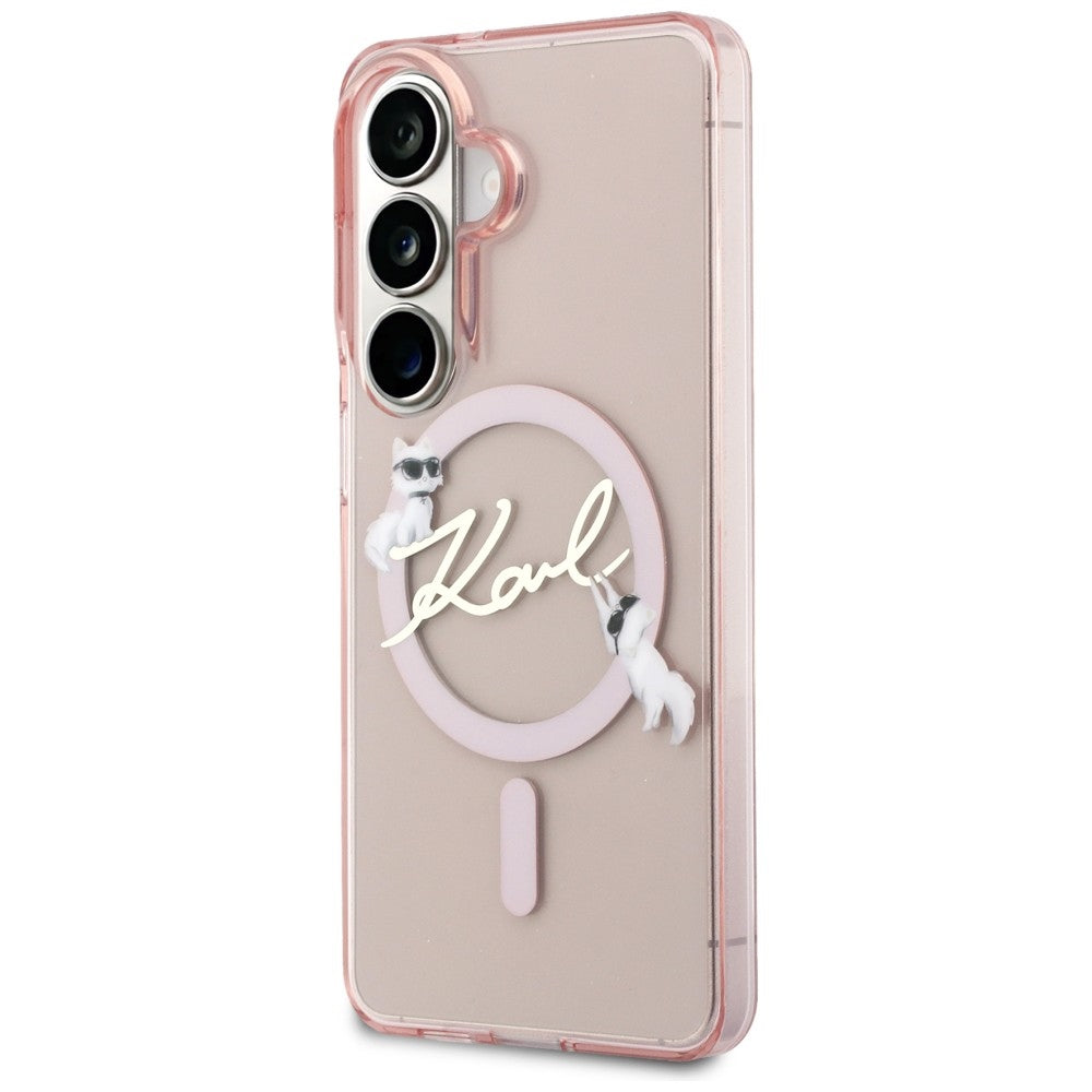 Husa MagSafe pentru Samsung Galaxy S26 S942, Karl Lagerfeld, IML Choupette Karl Script Logo, Roz