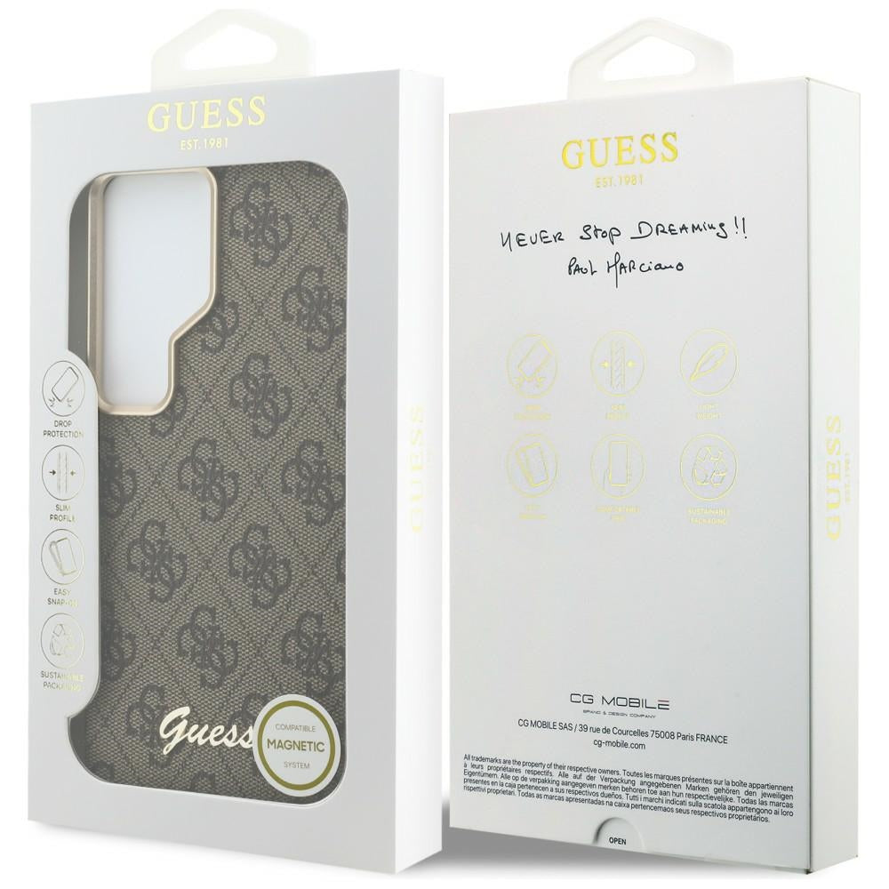 Husa MagSafe pentru Samsung Galaxy S26 Ultra S948, Guess, 4G Script Logo, Maro