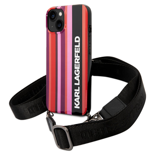 Husa pentru Apple iPhone 14, Karl Lagerfeld, Color Stripes with Strap, Roz