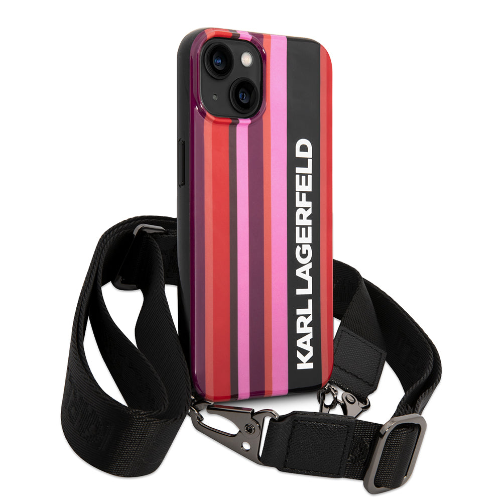 Husa pentru Apple iPhone 14, Karl Lagerfeld, Color Stripes with Strap, Roz