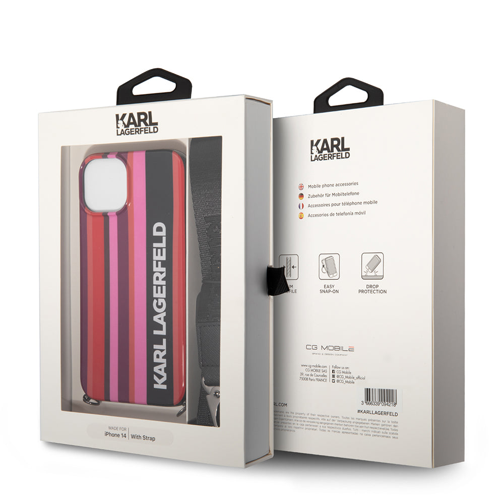 Husa pentru Apple iPhone 14, Karl Lagerfeld, Color Stripes with Strap, Roz