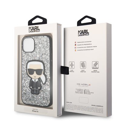 Husa pentru Apple iPhone 14, Karl Lagerfeld, Glitter Flakes Ikonik Karl, Argintie