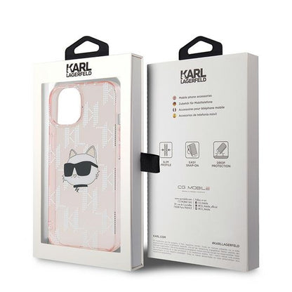 Husa pentru Apple iPhone 14, Karl Lagerfeld, IML Luxury Monogram Choupette's Head, Roz