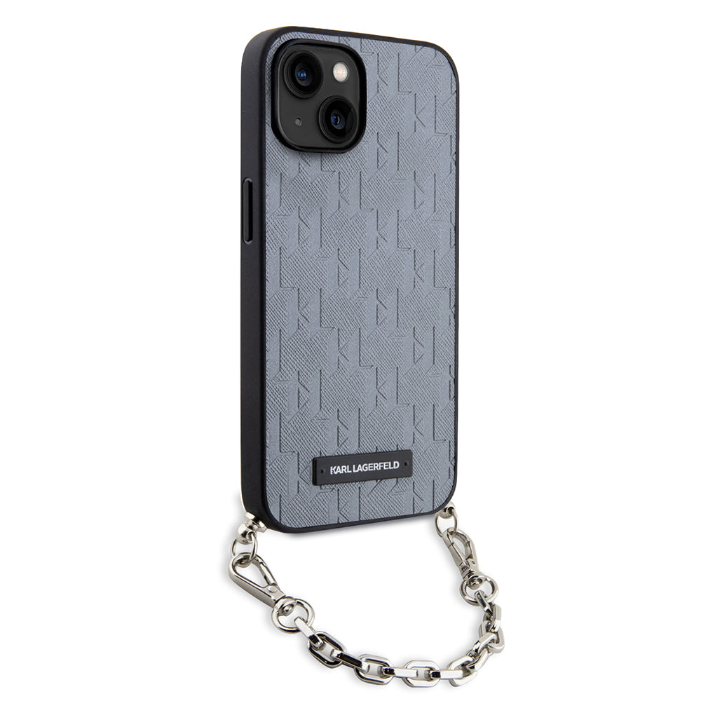 Husa pentru Apple iPhone 14, Karl Lagerfeld, Saffiano Monogram Chain, Argintie