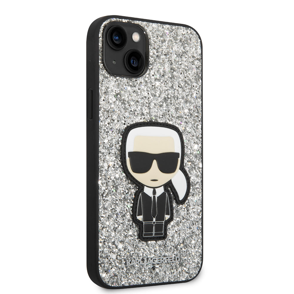 Husa pentru Apple iPhone 14 Plus, Karl Lagerfeld, Glitter Flakes Ikonik Karl, Argintie