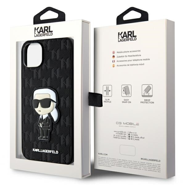 Husa pentru Apple iPhone 14 Plus, Karl Lagerfeld, Saffiano Monogram Ikonik Karl, Neagra