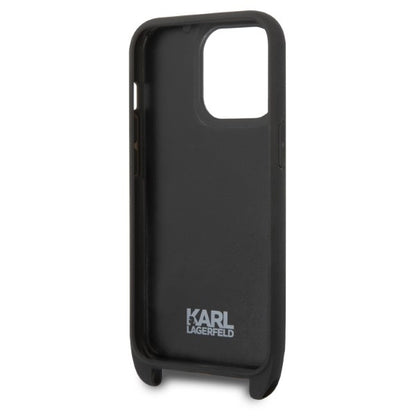 Husa pentru Apple iPhone 14 Pro, Karl Lagerfeld, Monogram Plaque Logo with Strap, Neagra