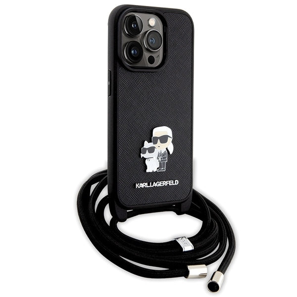 Husa pentru Apple iPhone 14 Pro, Karl Lagerfeld, Saffiano Crossbody Metal Pin Karl & Choupette, Neagra